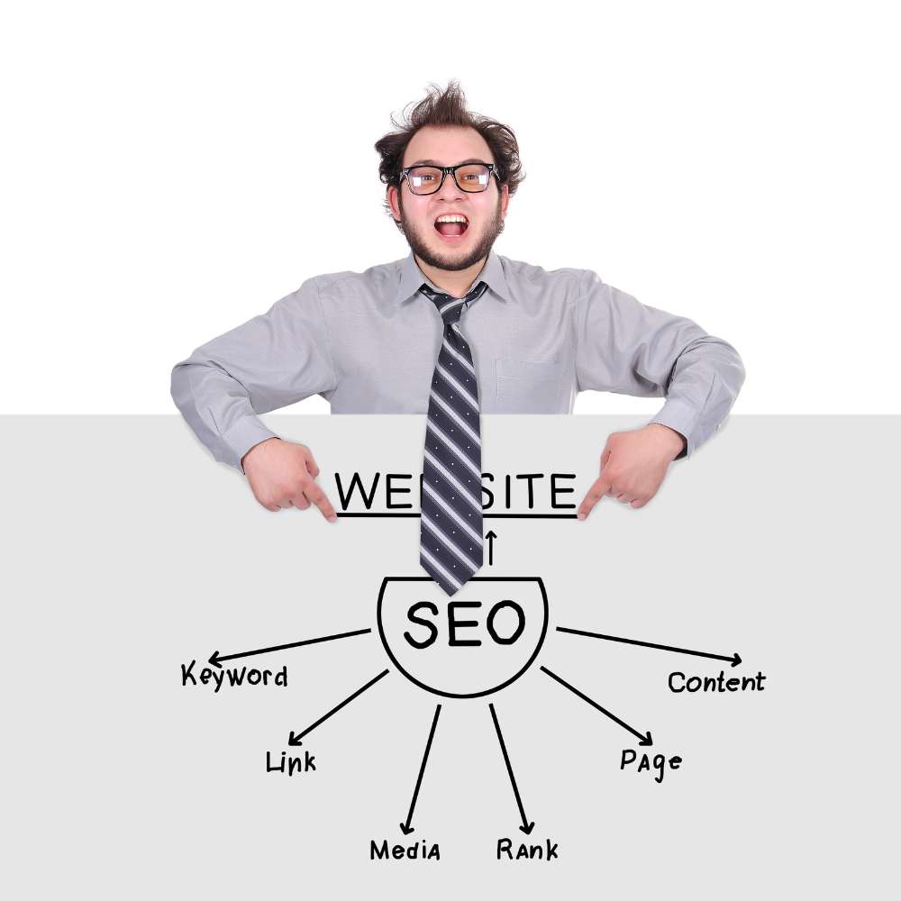 איש מצביע על SEO יחד עם תהליך העבודה